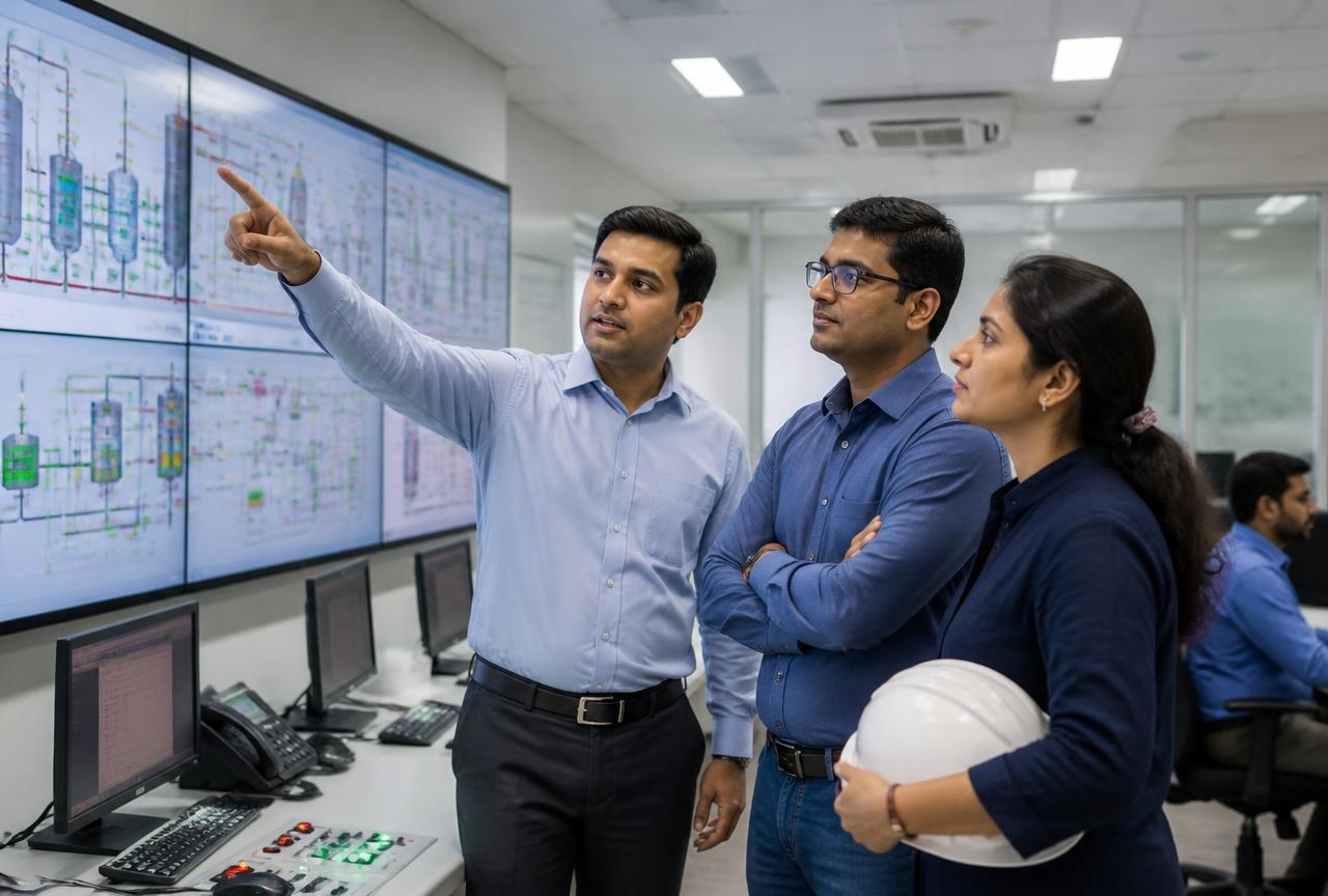 Operators monitoring process data on control room screens