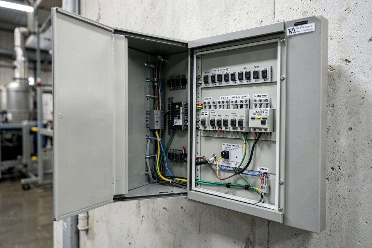 Industrial networking equipment in a protected cabinet.
