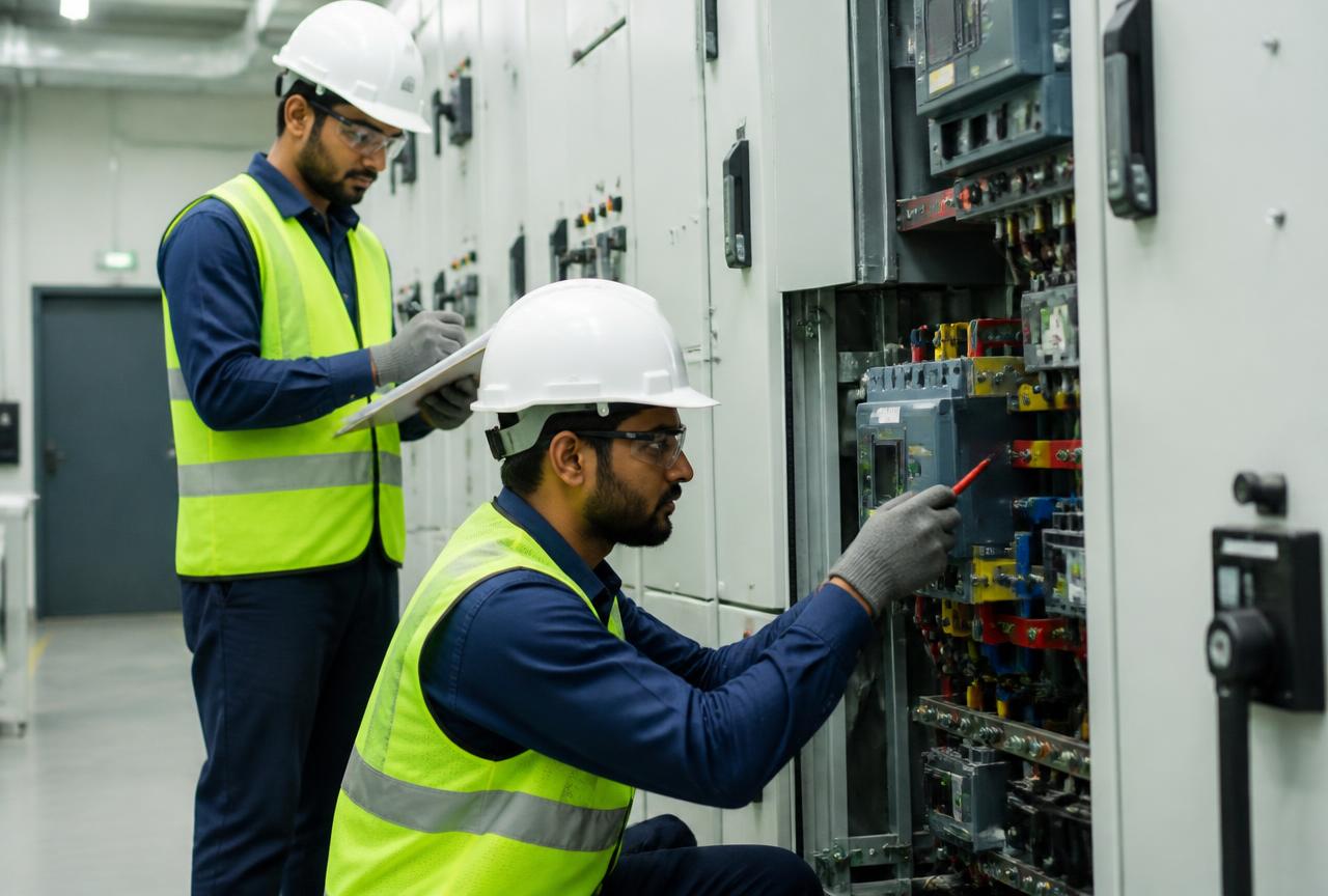 Field engineer carrying out scheduled maintenance on equipment